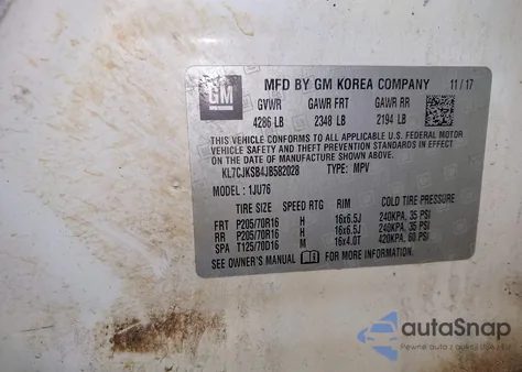 2018 Chevrolet Trax Ls z USA, uszkodzony, nr VIN KL7CJKSB4JB582028